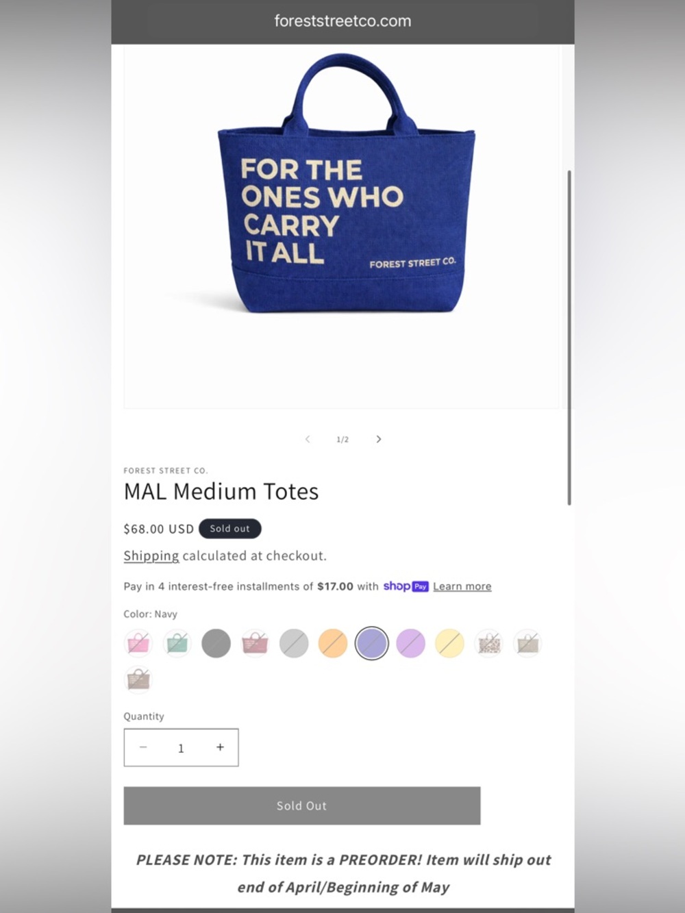 Forest Street Co. Medium MAL Tote. Currently only on their website for preorder